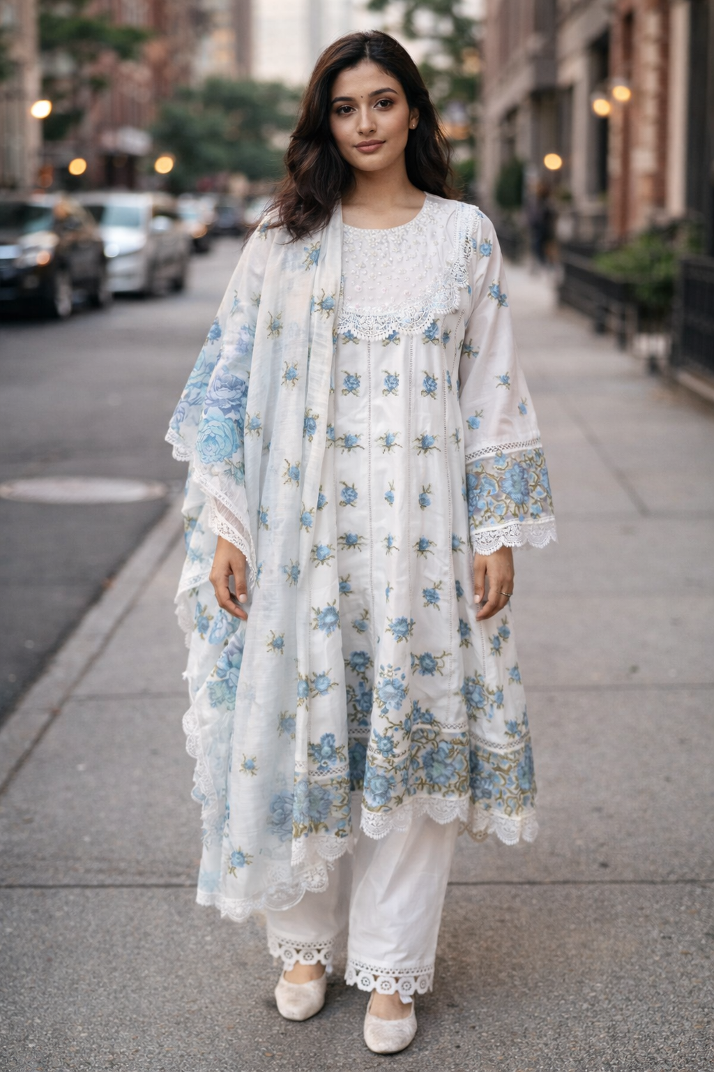 White & Powder Blue Cross Stitch Anarkali