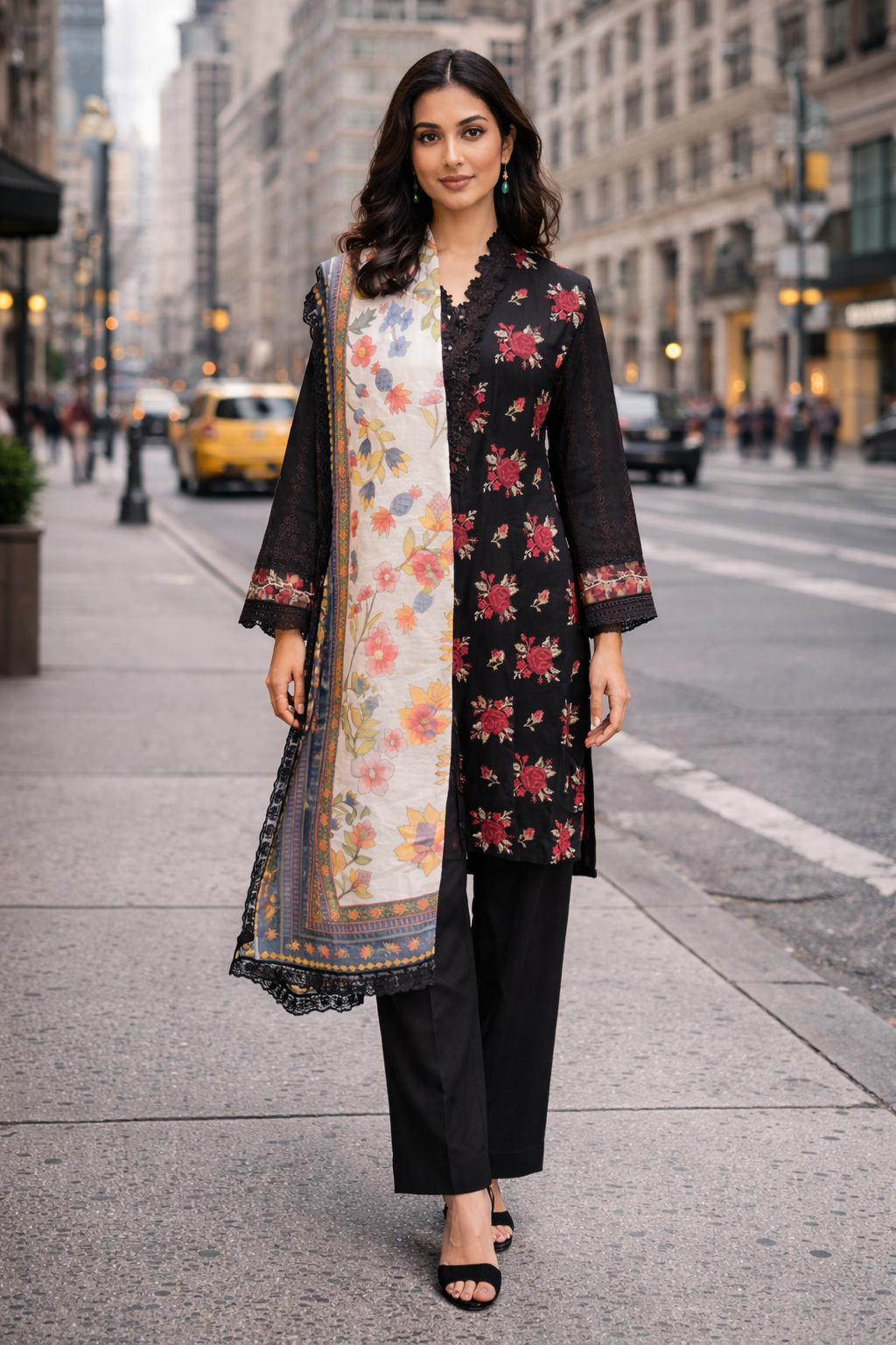 Midnight Rose Cross stitch Black Kurta Set