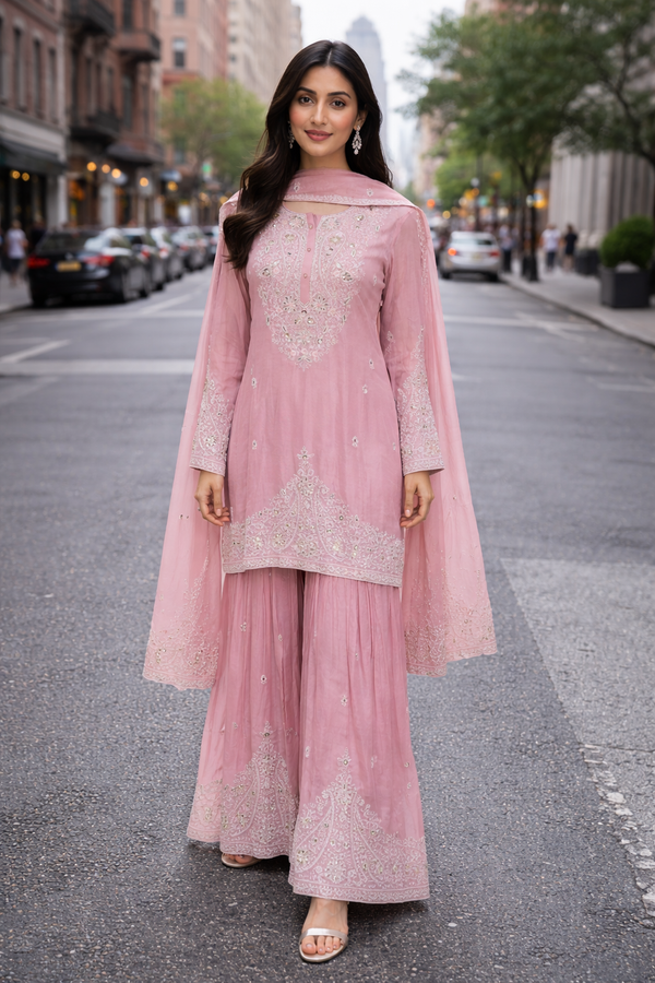 Noor Rose Quartz Chinon Sharara Set