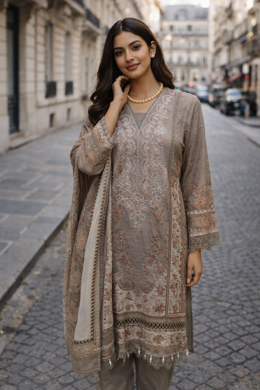 Taupe Whisper Embroidered Set