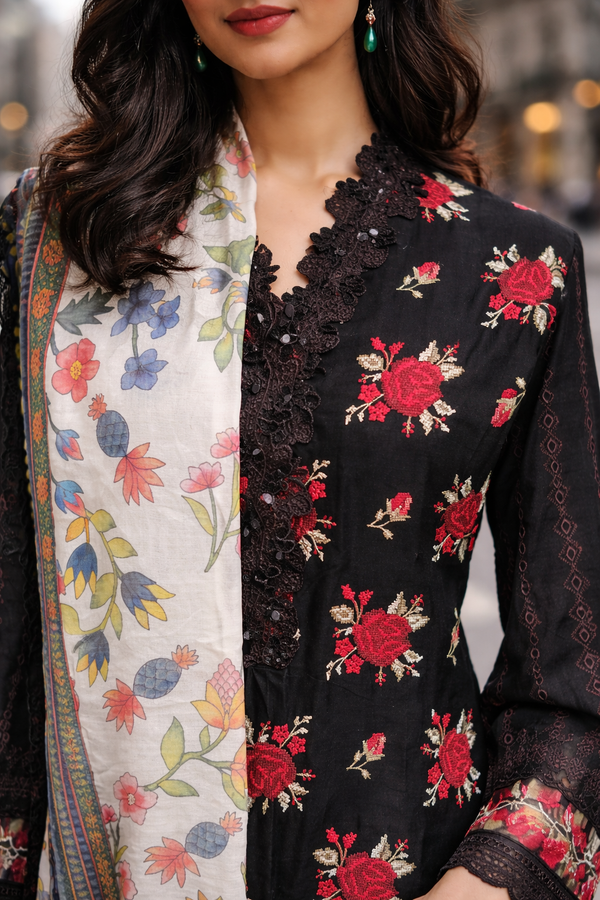 Midnight Rose Cross stitch Black Kurta Set