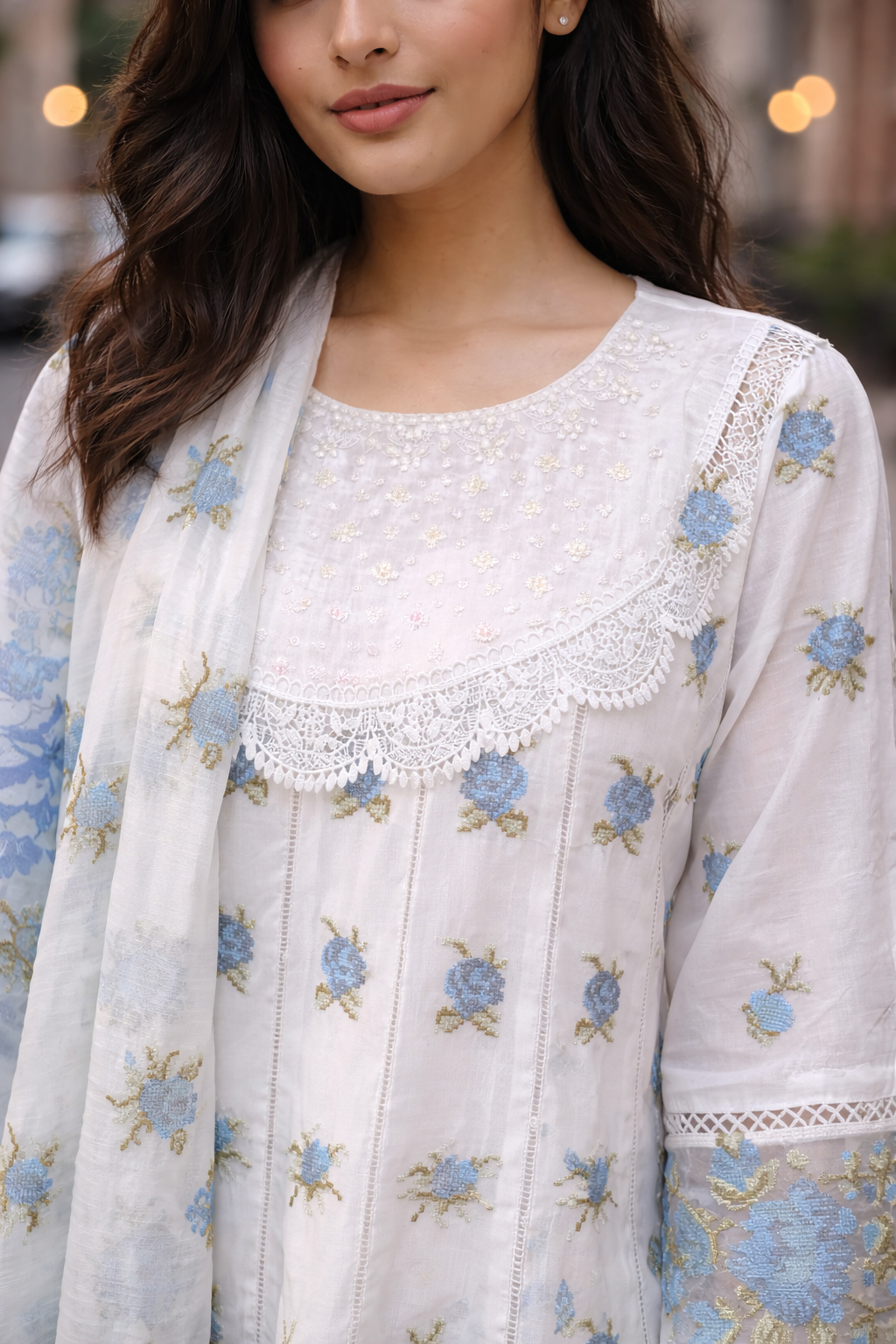 White & Powder Blue Cross Stitch Anarkali