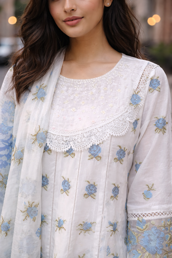 White & Powder Blue Cross Stitch Anarkali