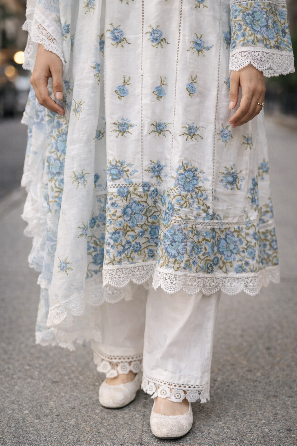White & Powder Blue Cross Stitch Anarkali
