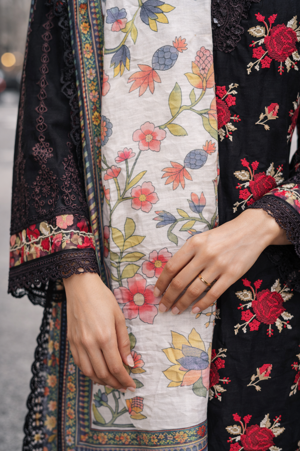 Midnight Rose Cross stitch Black Kurta Set