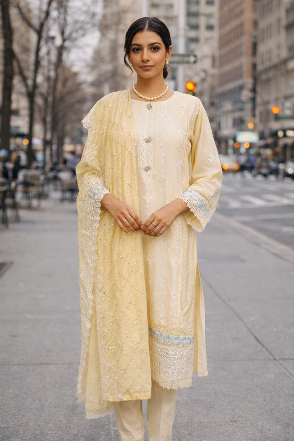 Butter Yellow Embroidered Front Kurta Set