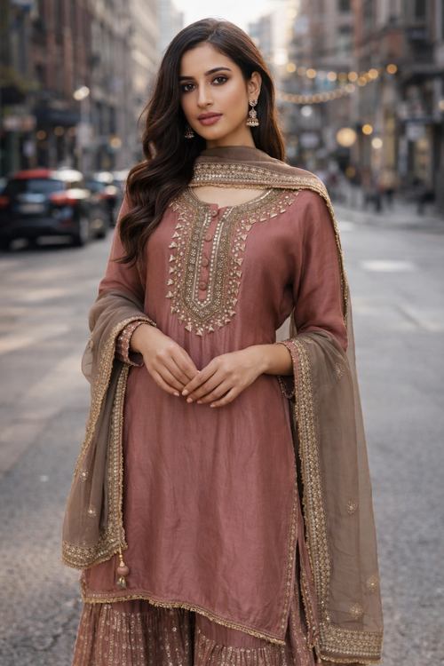 Dusty Rose Sharara Set with Taupe Dupatta