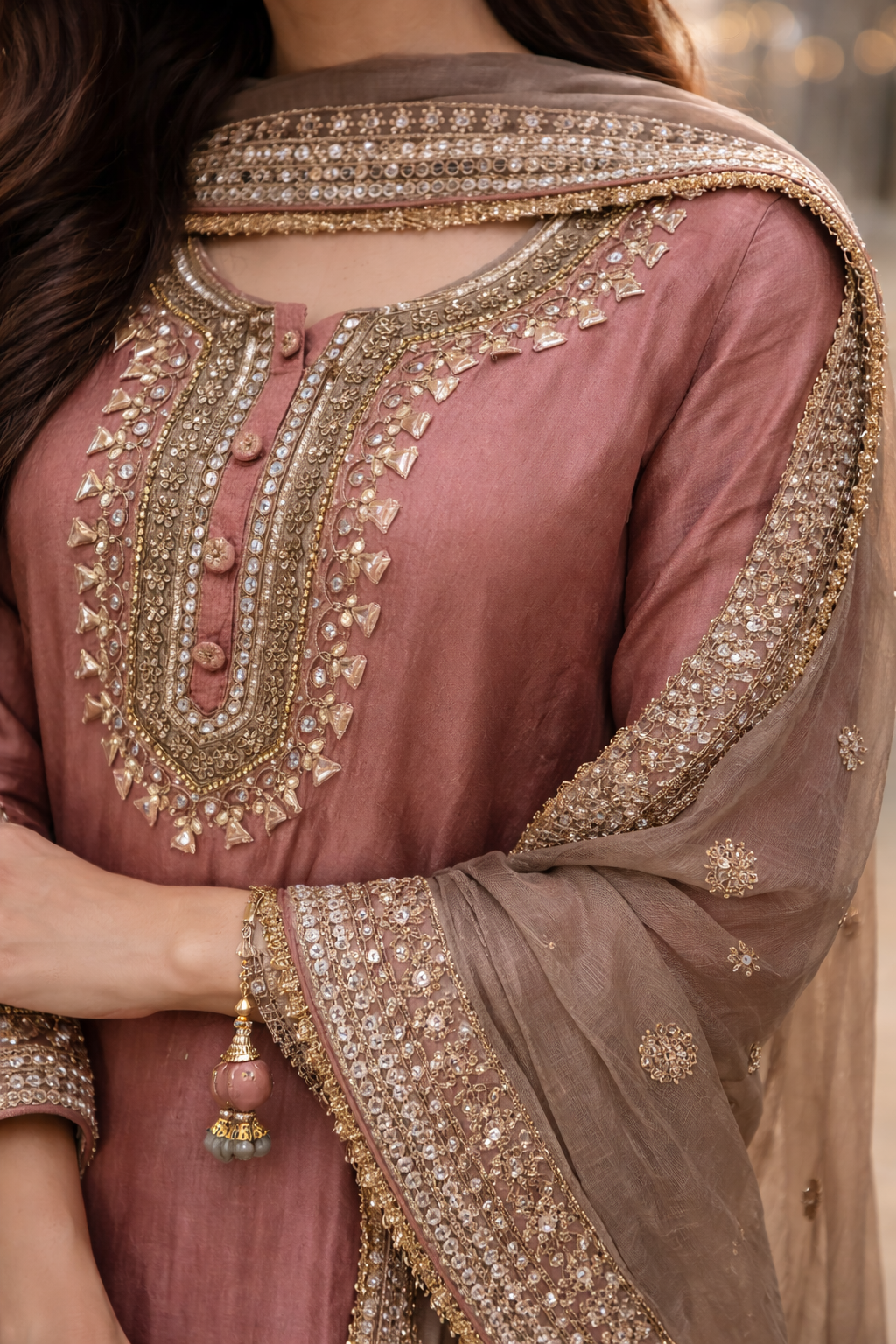 Dusty Rose Sharara Set with Taupe Dupatta