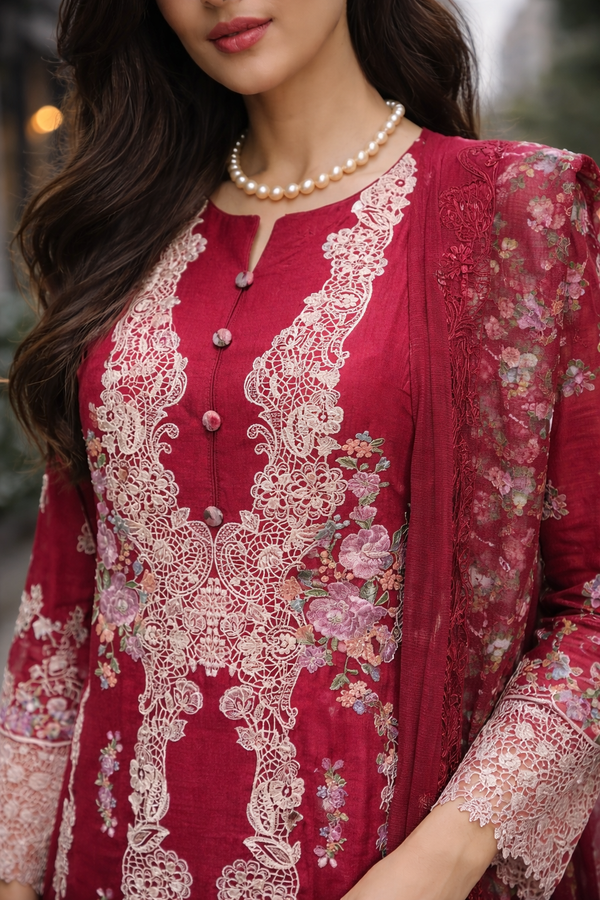 Gulnaar Ruby Embroidered Suit Set