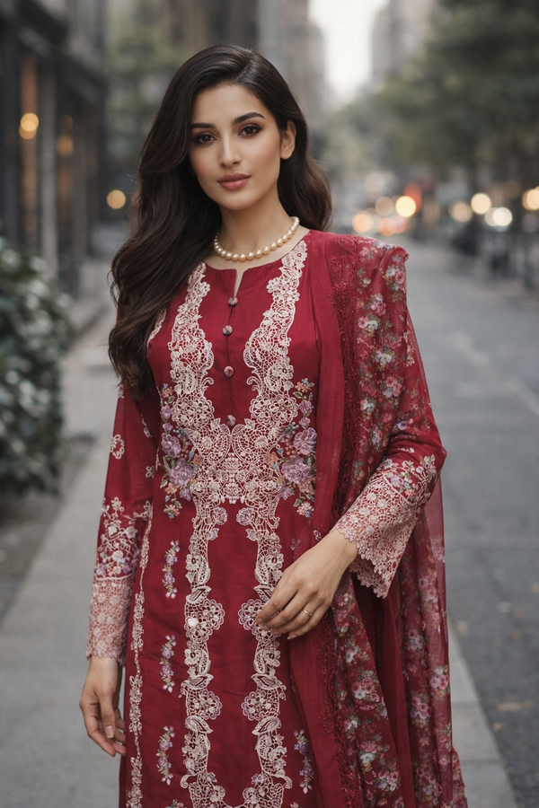 Gulnaar Ruby Embroidered Suit Set