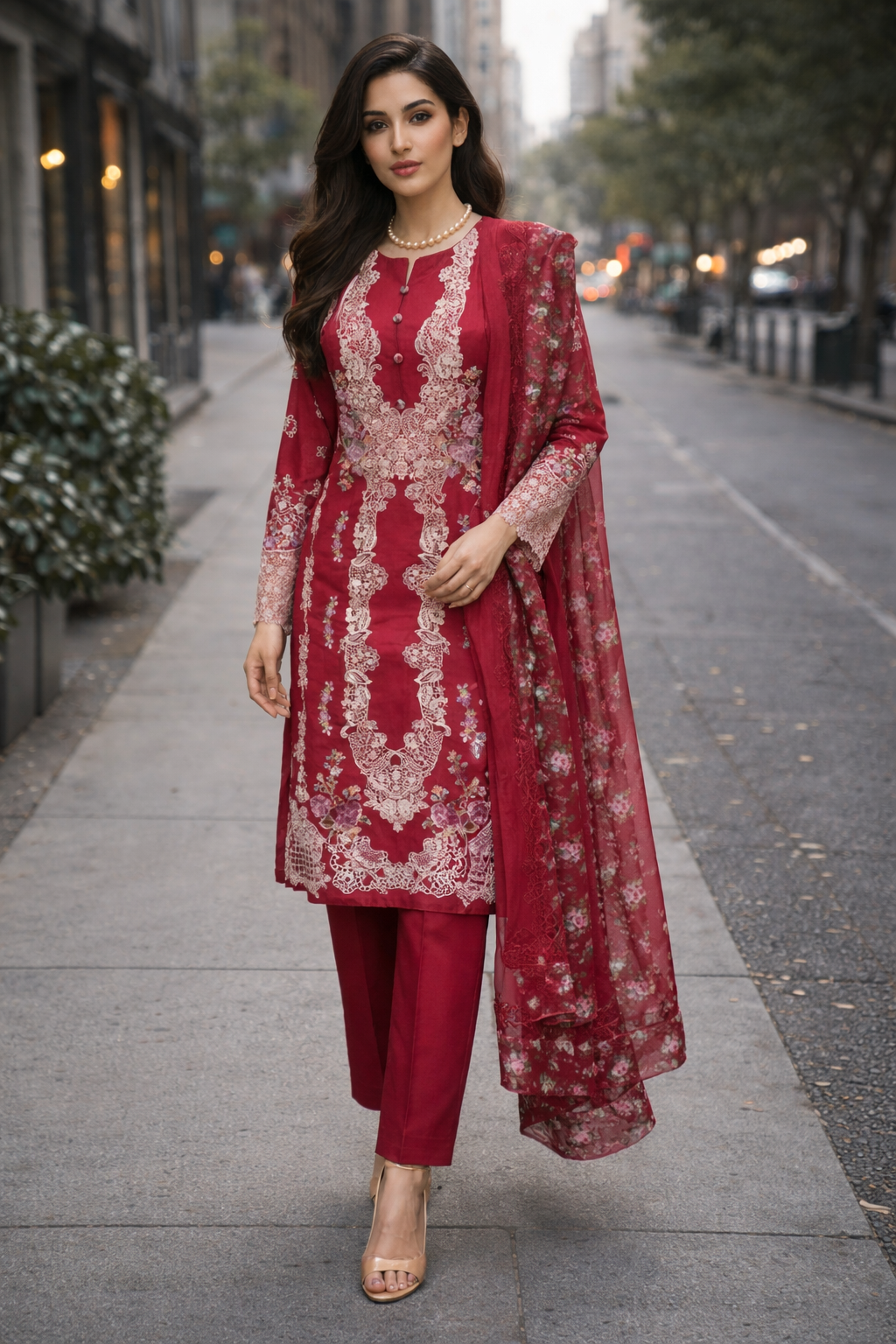Gulnaar Ruby Embroidered Suit Set