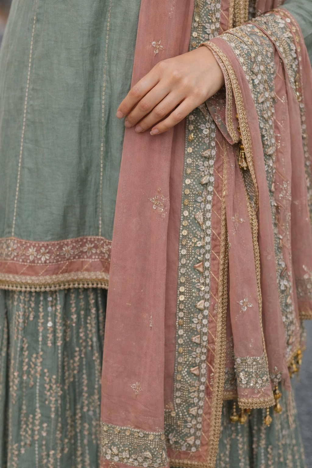 Sage Green with Blush Dupatta Sharara Set