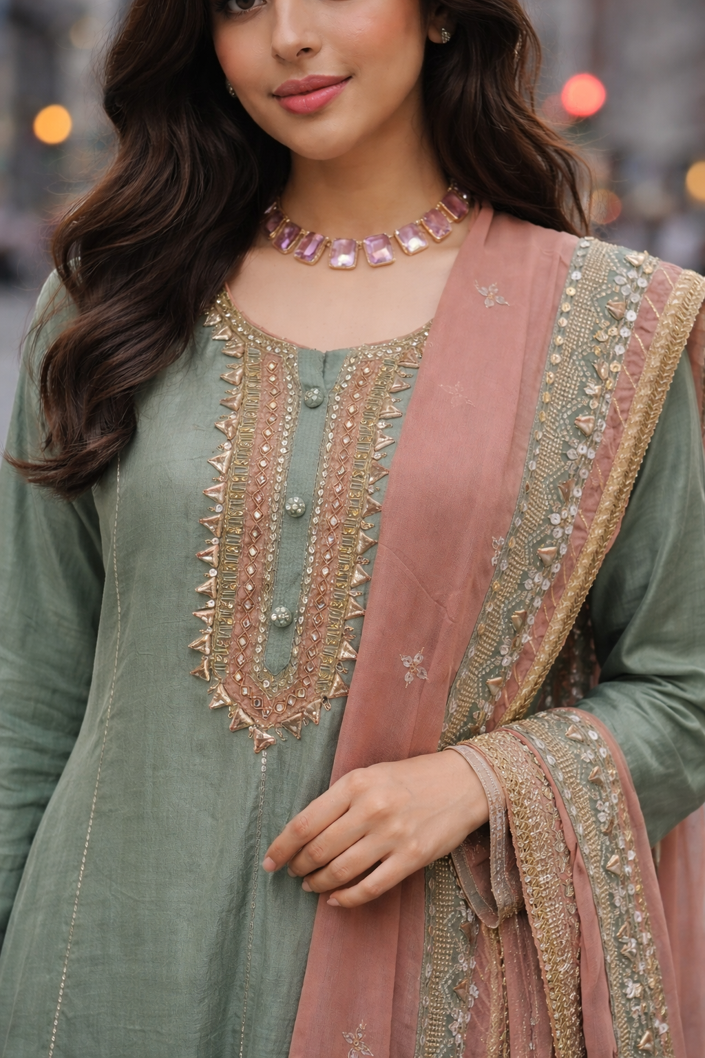 Sage Green with Blush Dupatta Sharara Set