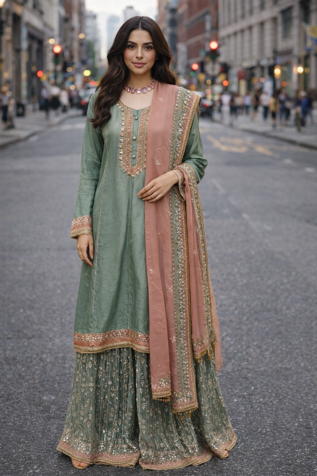 Sage Green with Blush Dupatta Sharara Set
