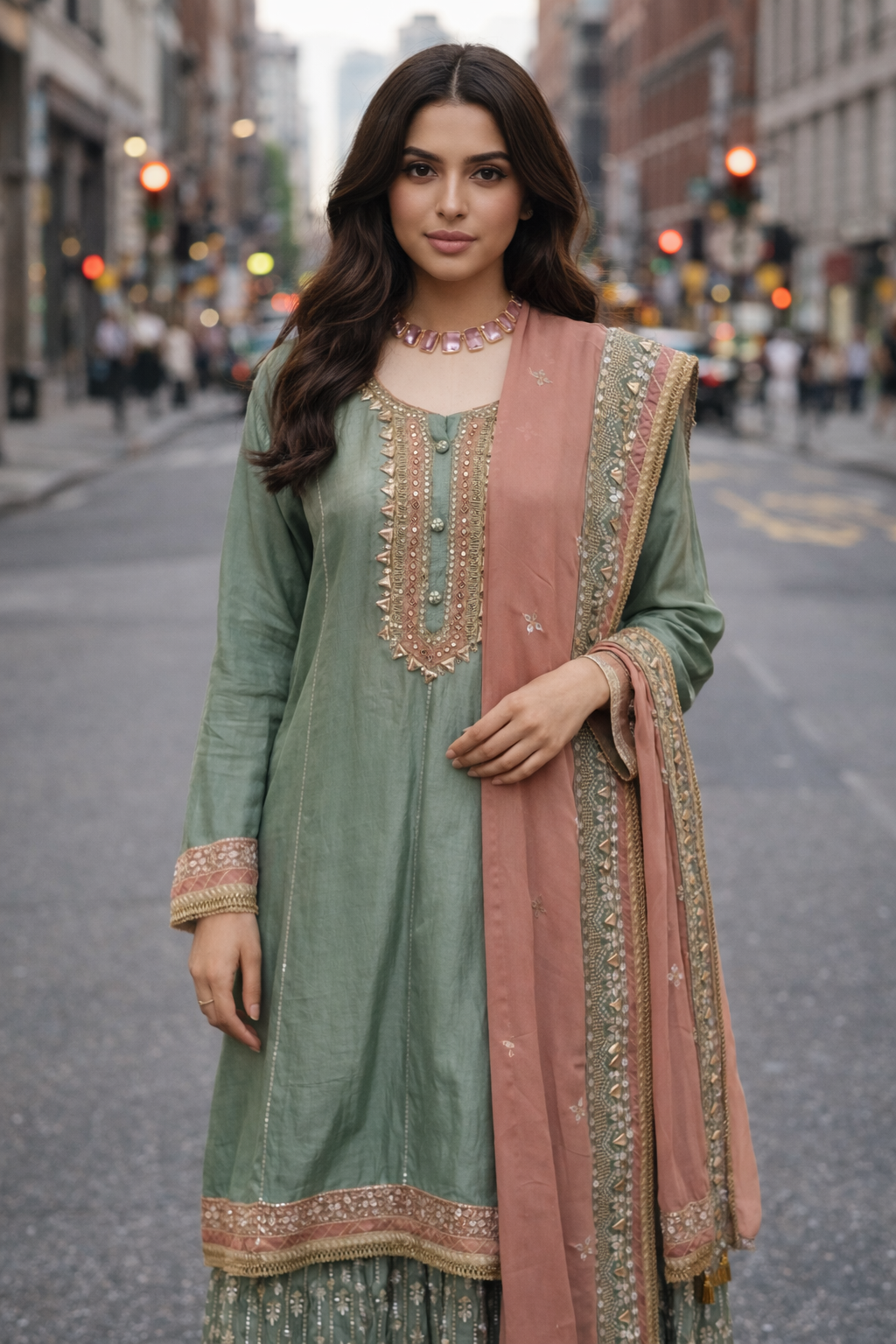 Sage Green with Blush Dupatta Sharara Set