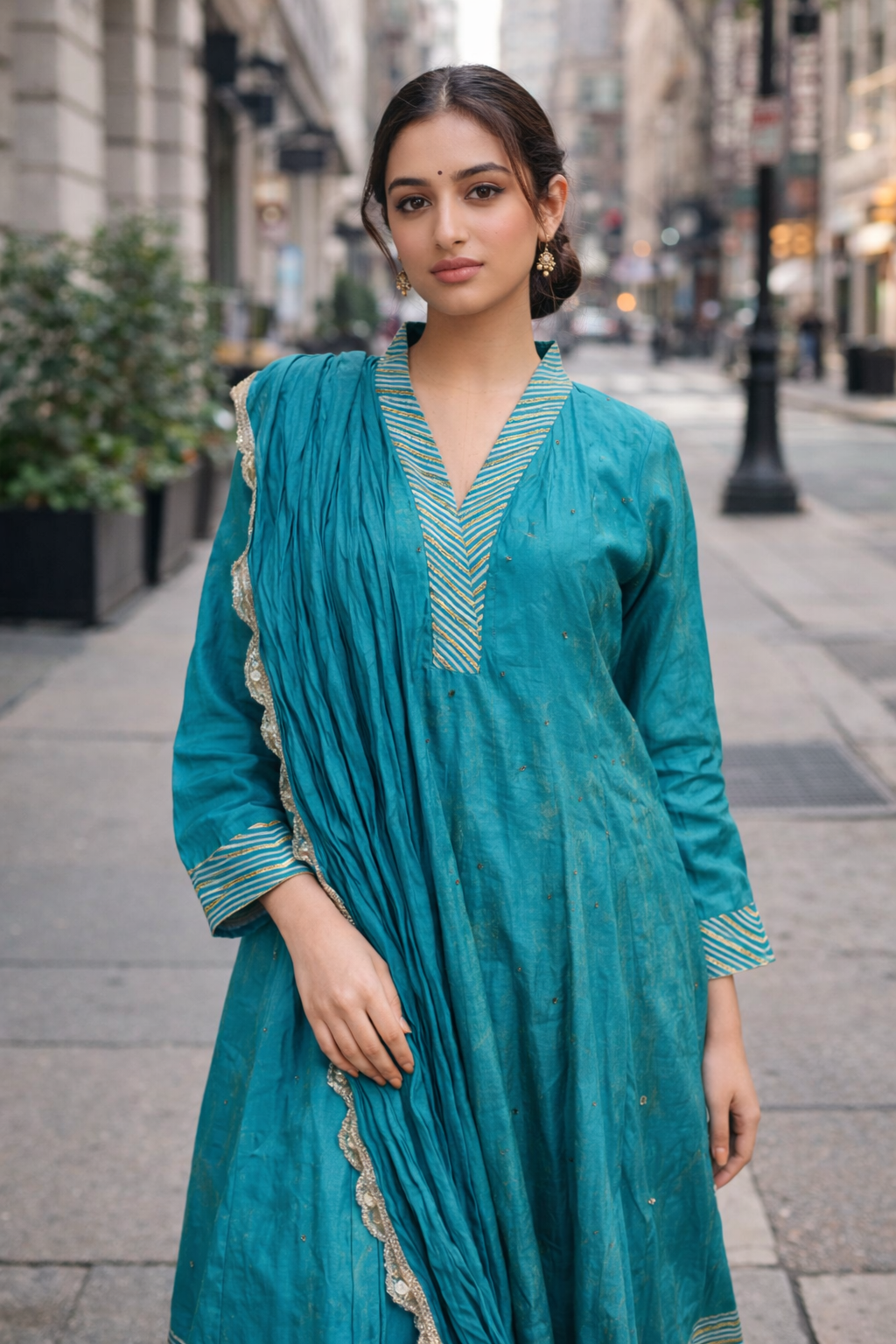 Teal Azure Anarkali with gold Anarkali set