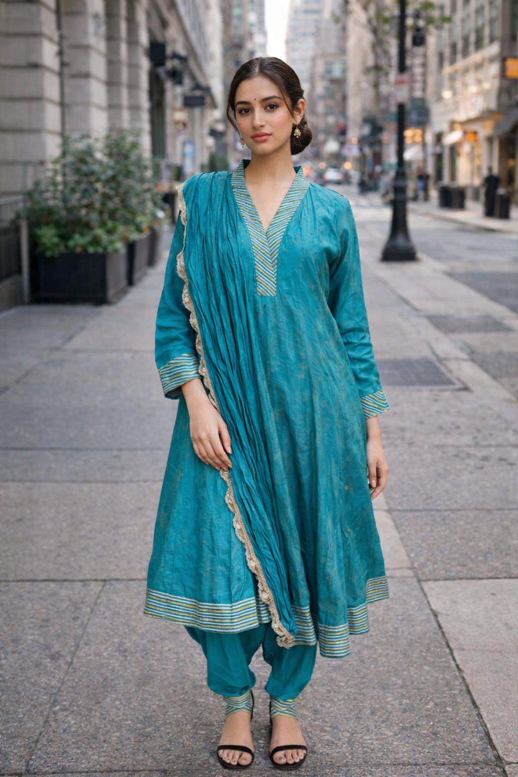 Teal Azure Anarkali with gold Anarkali set