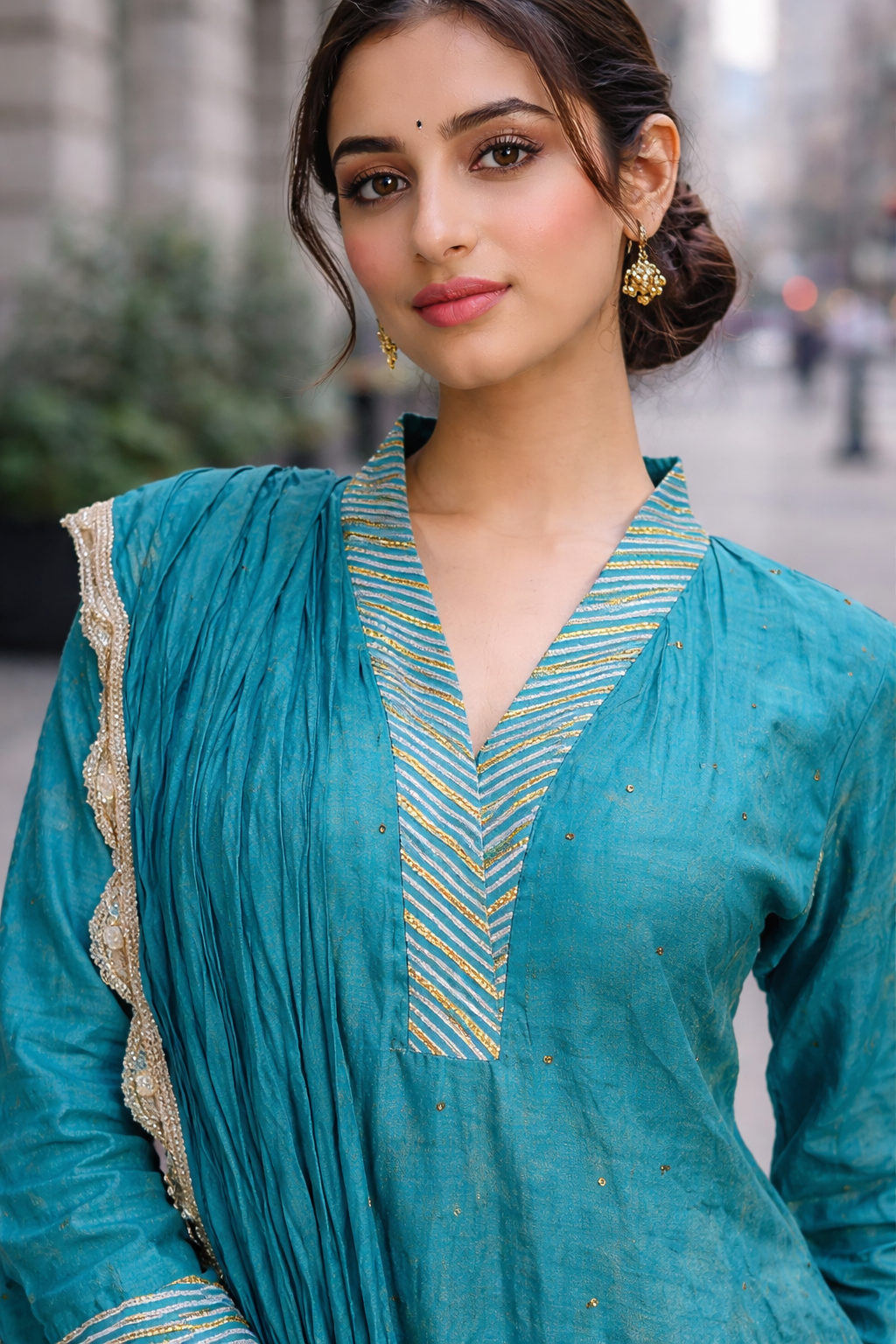 Teal Azure Anarkali with gold Anarkali set