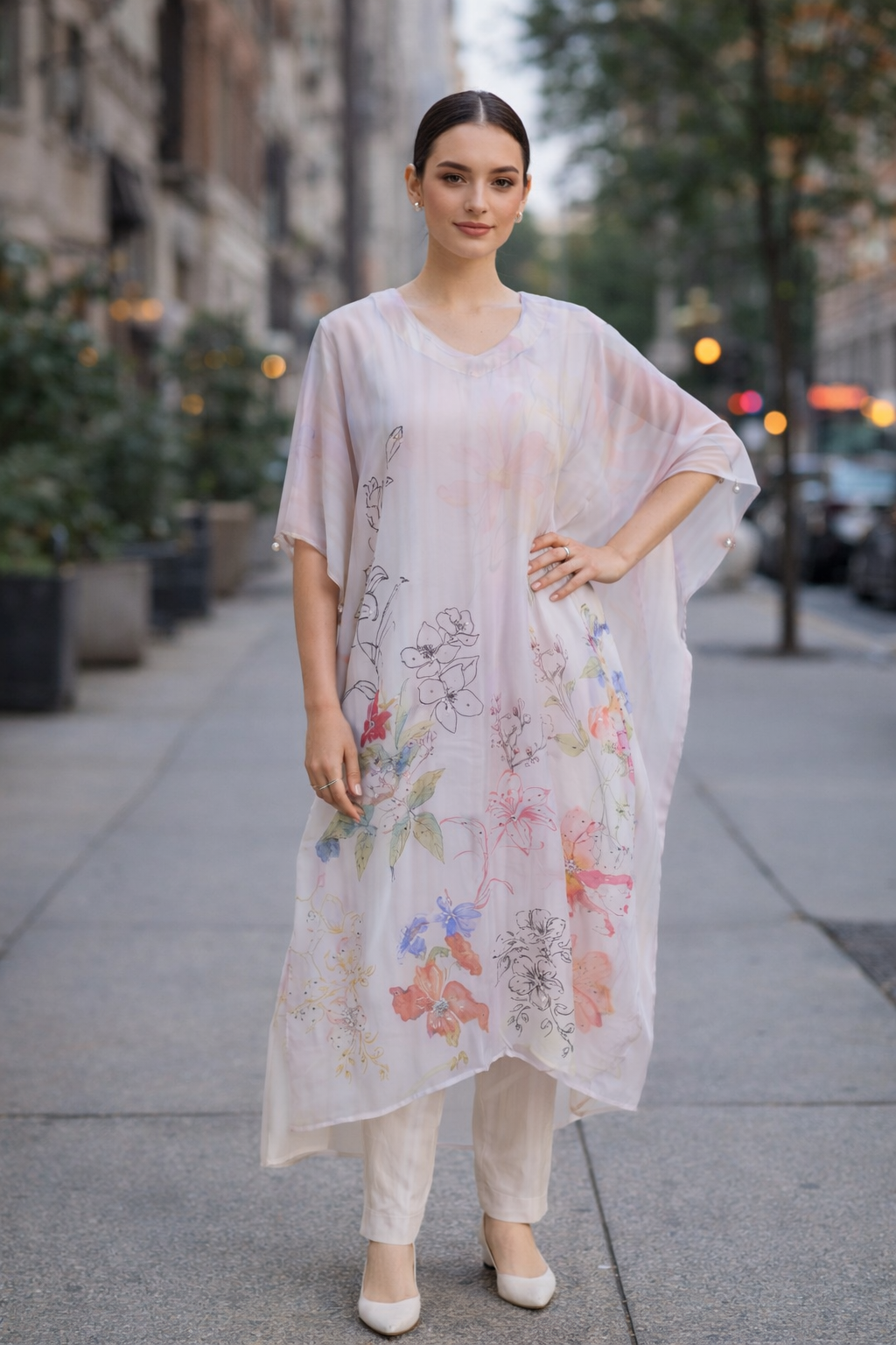 Pastel Floral Kaftan Kurta Set