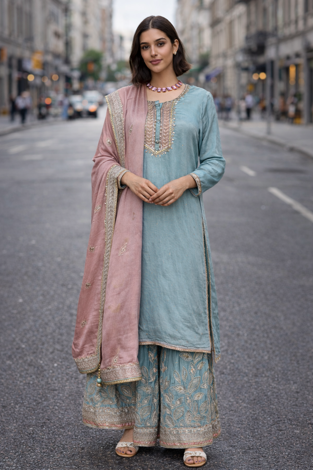 Muted Blue & Dusty Rose Sharara Set