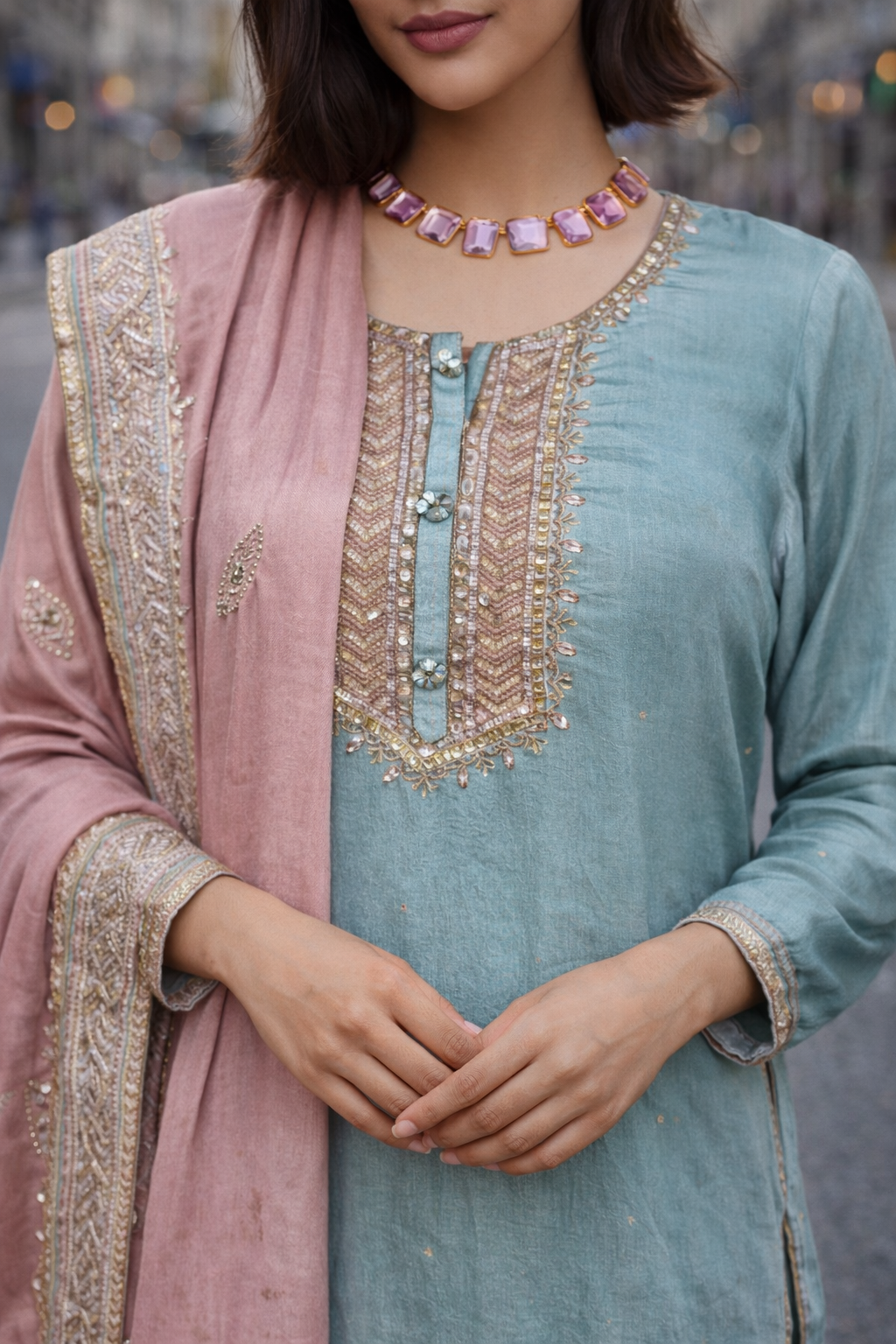 Muted Blue & Dusty Rose Sharara Set