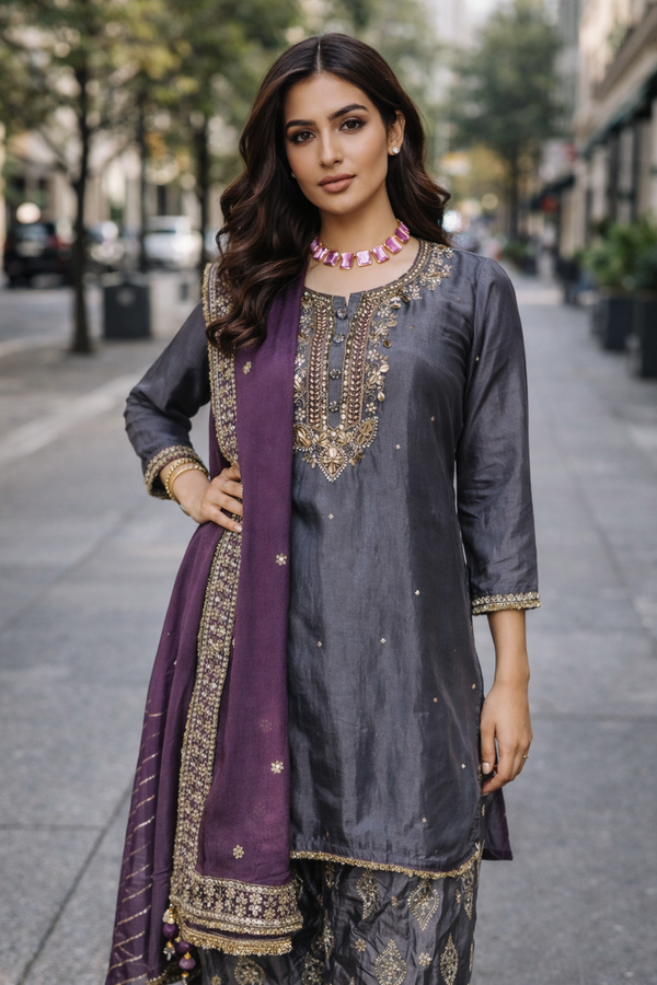 Charcoal Gray & Deep Rich Purple Salwar Suit