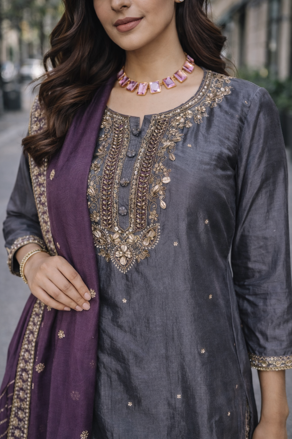 Charcoal Gray & Deep Rich Purple Salwar Suit