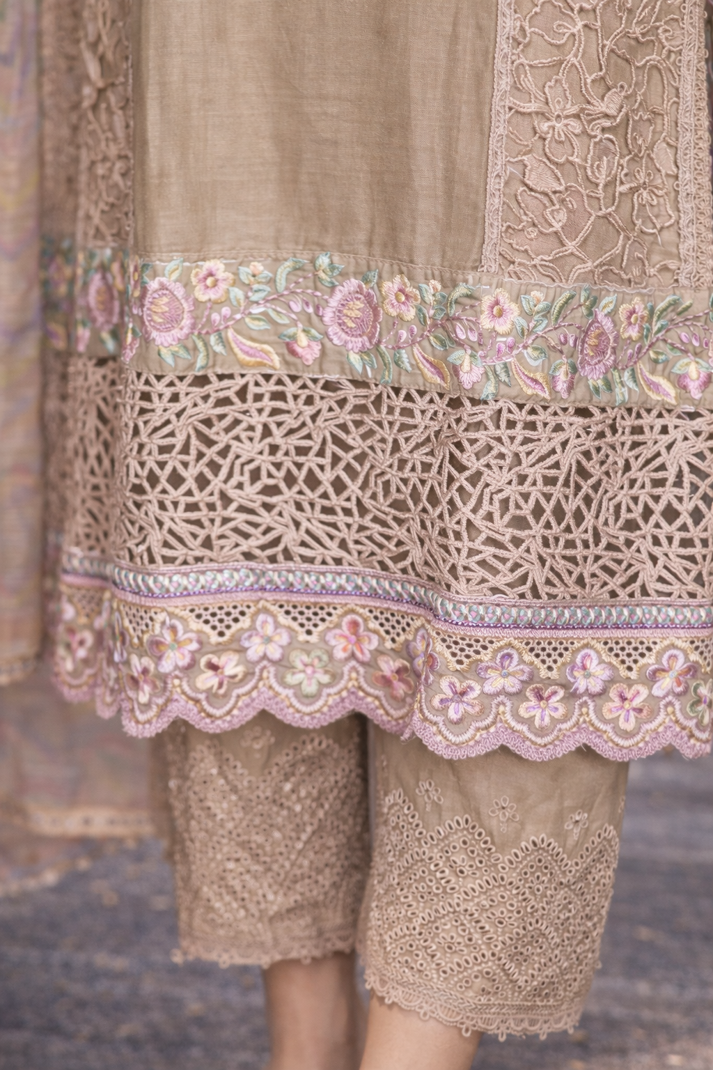 Ethereal Fawn & Pastel Cutwork Luxe Suit