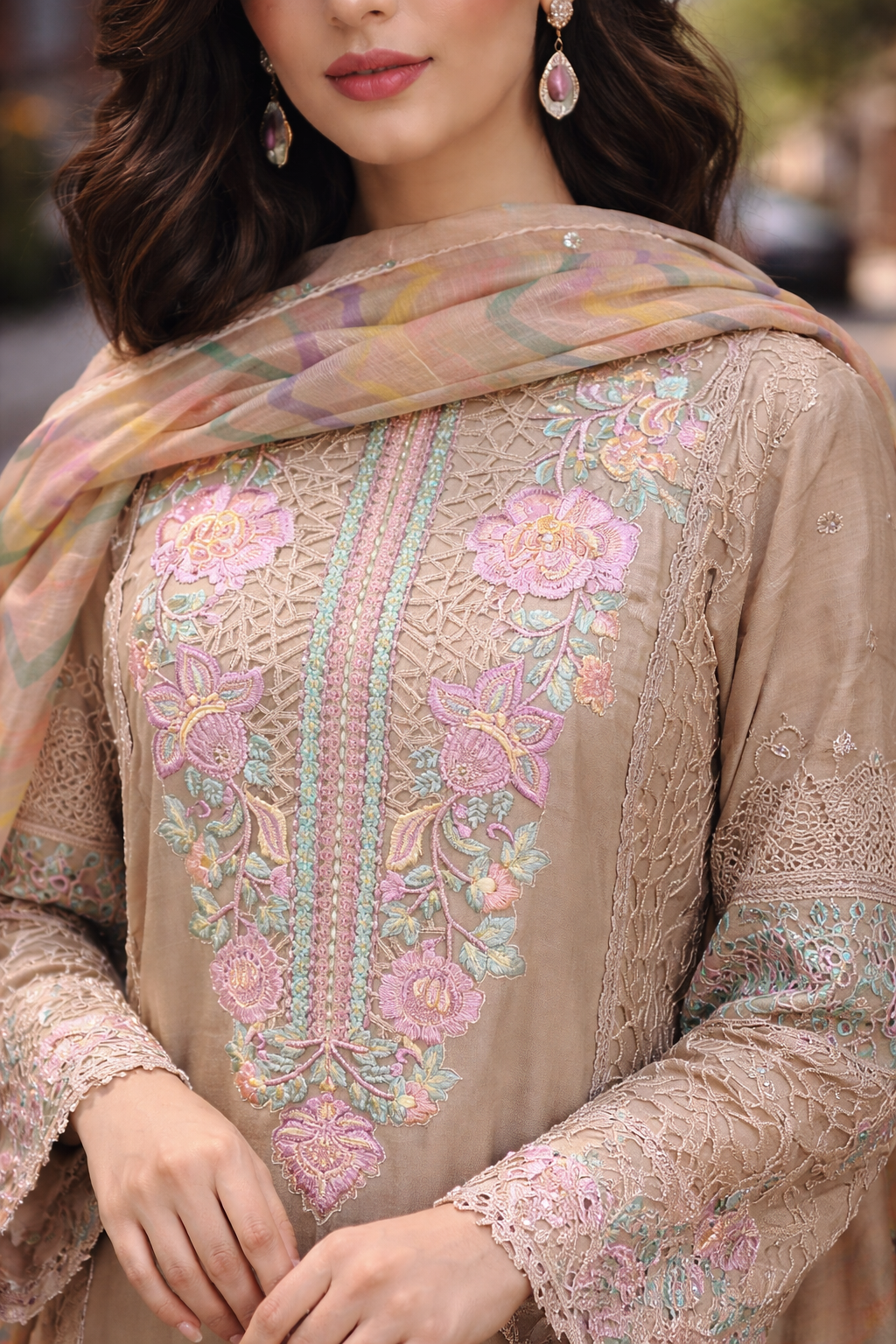 Ethereal Fawn & Pastel Cutwork Luxe Suit