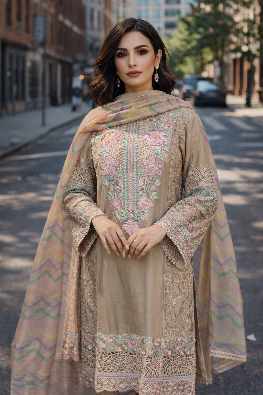 Ethereal Fawn & Pastel Cutwork Luxe Suit