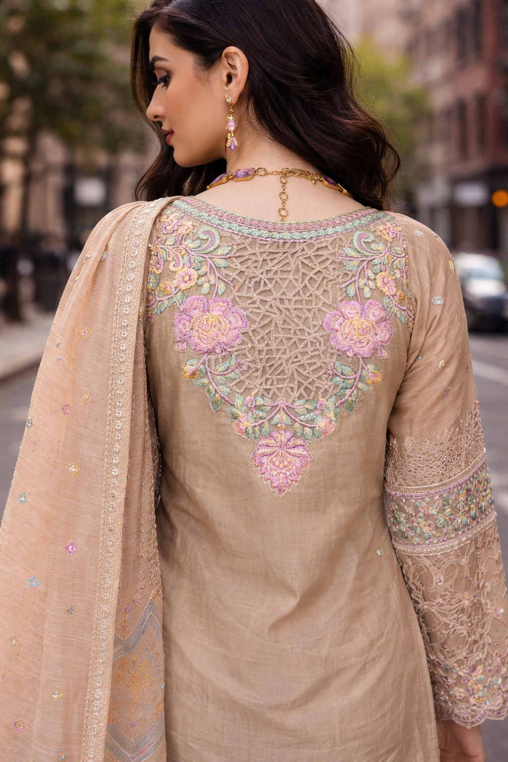 Ethereal Fawn & Pastel Cutwork Luxe Suit