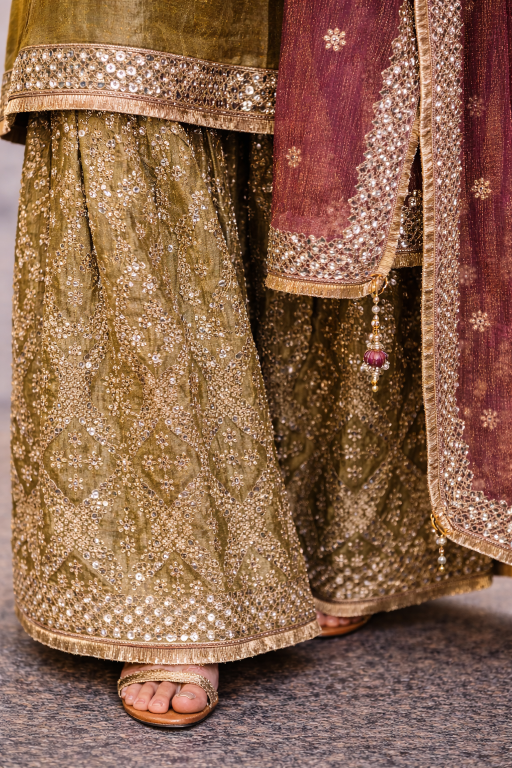 Gilded Olive & Maroon Sharara Splendor