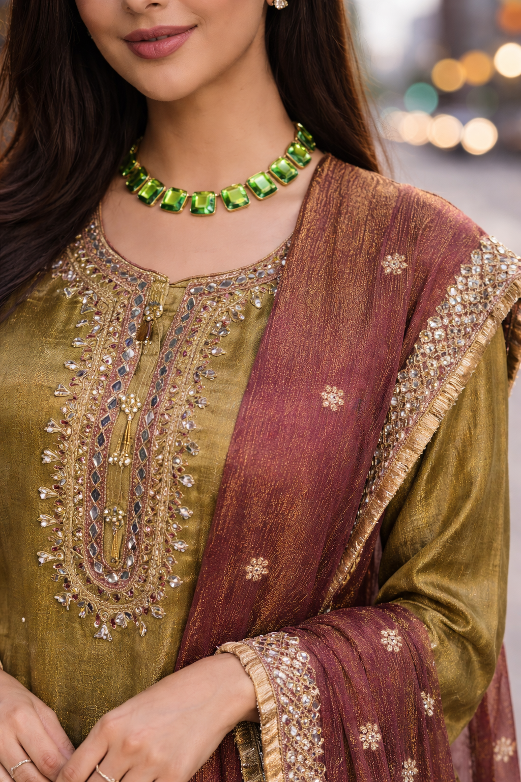 Gilded Olive & Maroon Sharara Splendor