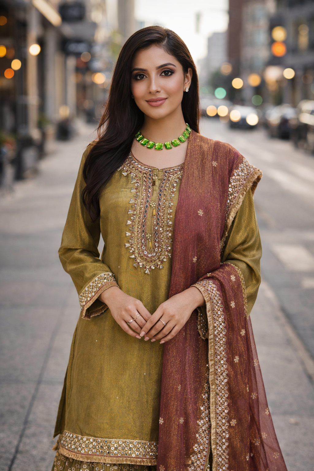 Gilded Olive & Maroon Sharara Splendor
