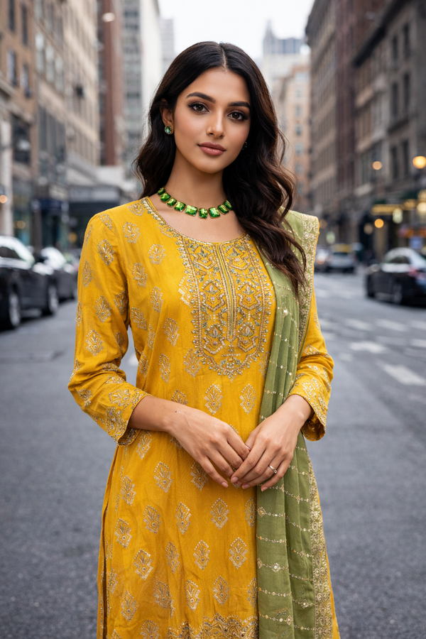 Mustard Gold & Sage Sharara Set