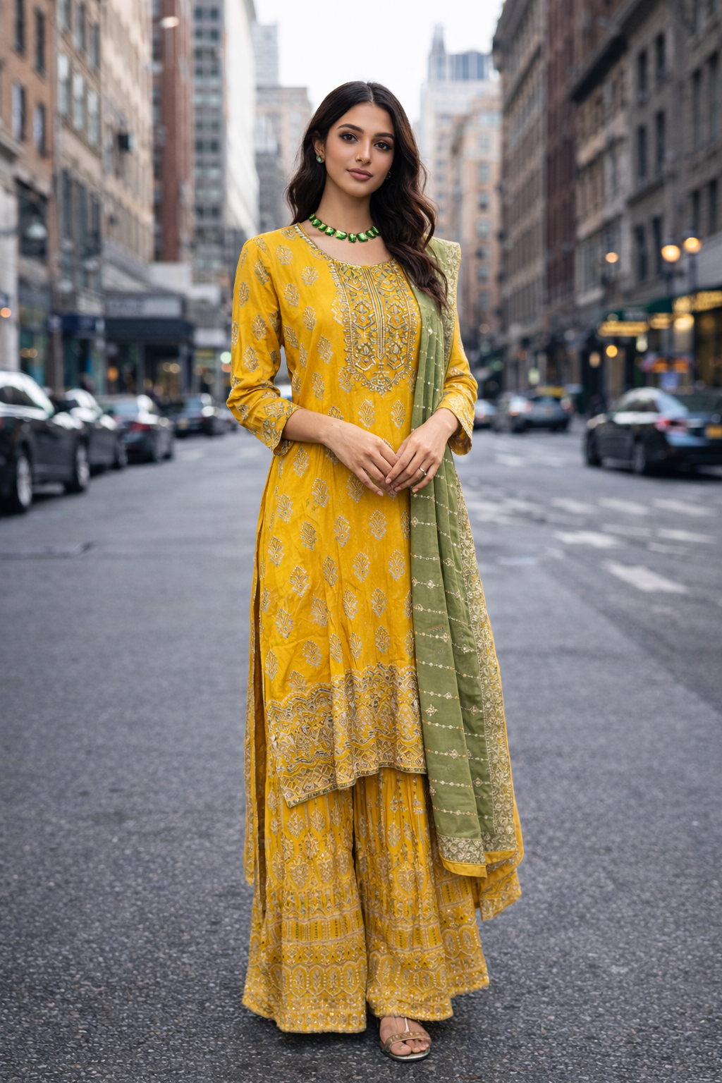 Mustard Gold & Sage Sharara Set