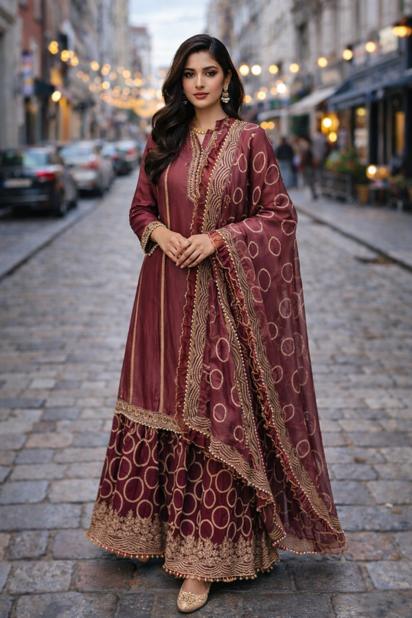 Garnet Maroon Sharara Set