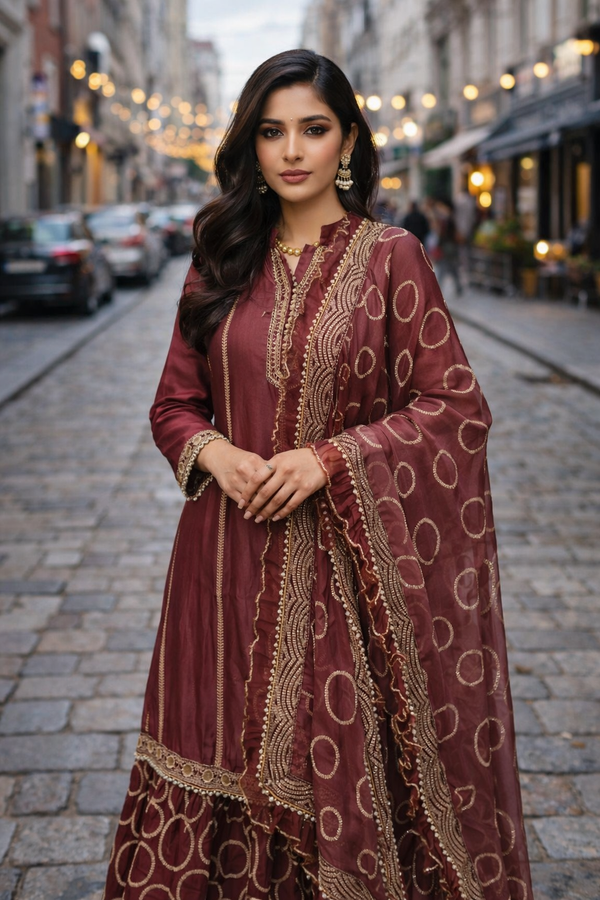 Garnet Maroon Sharara Set