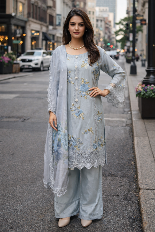 Gray-Blue Embroidered Kurta Set