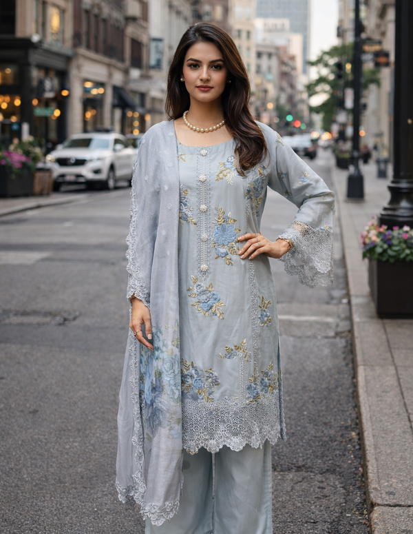 Gray-Blue Embroidered Kurta Set