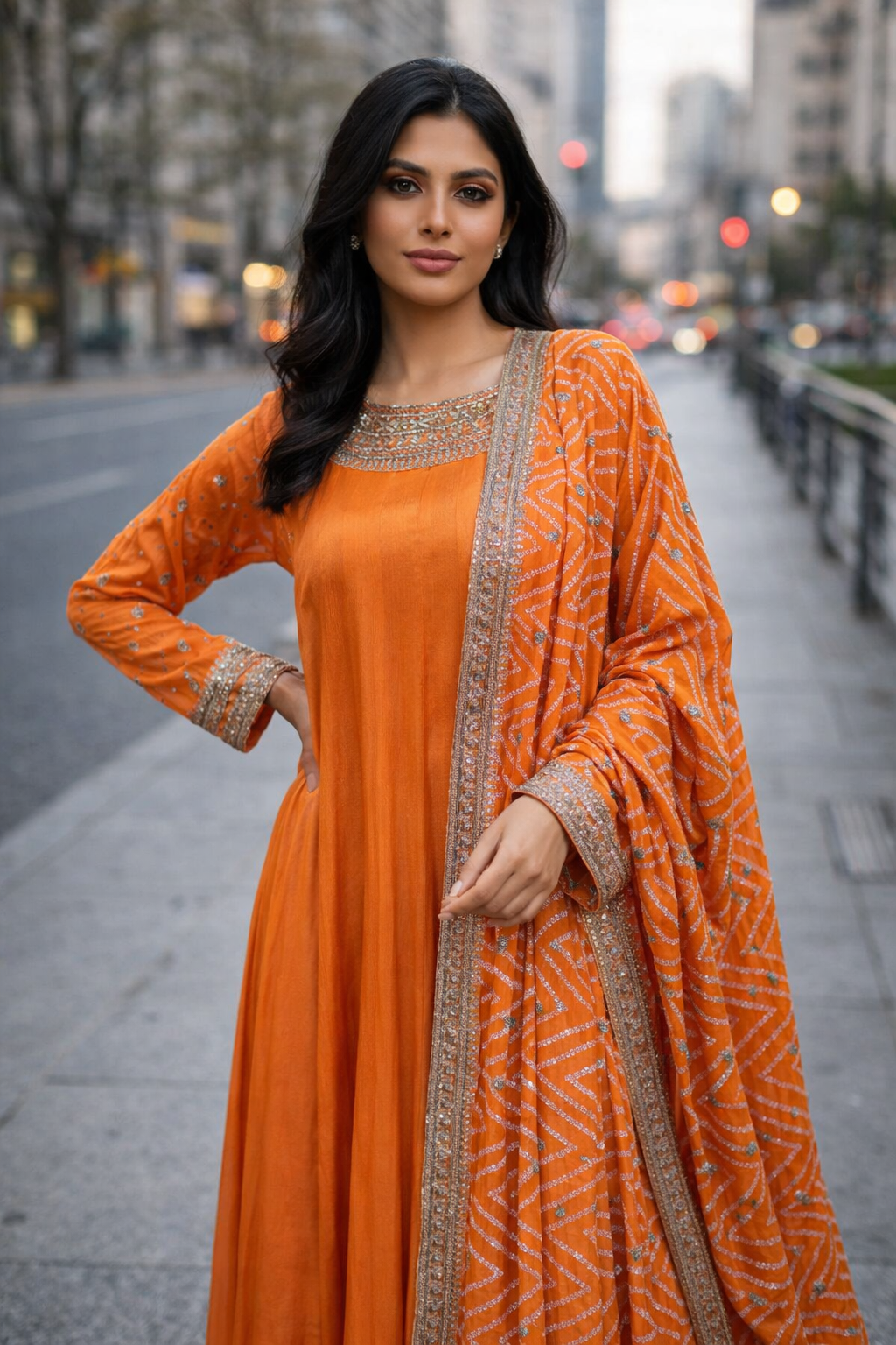 Tangerine Glow Anarkali Suit Set with Printed Bandani Dupatta