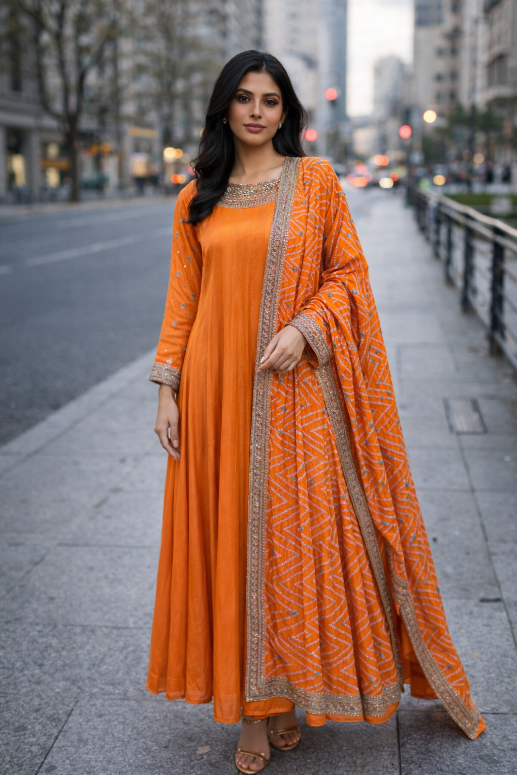 Tangerine Glow Anarkali Suit Set with Printed Bandani Dupatta