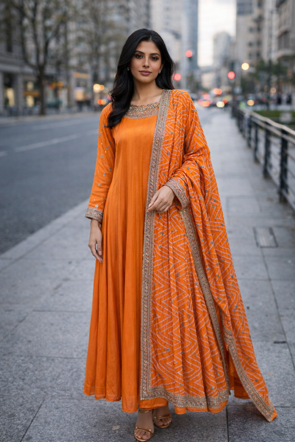 Tangerine Glow Anarkali Suit Set with Printed Bandani Dupatta
