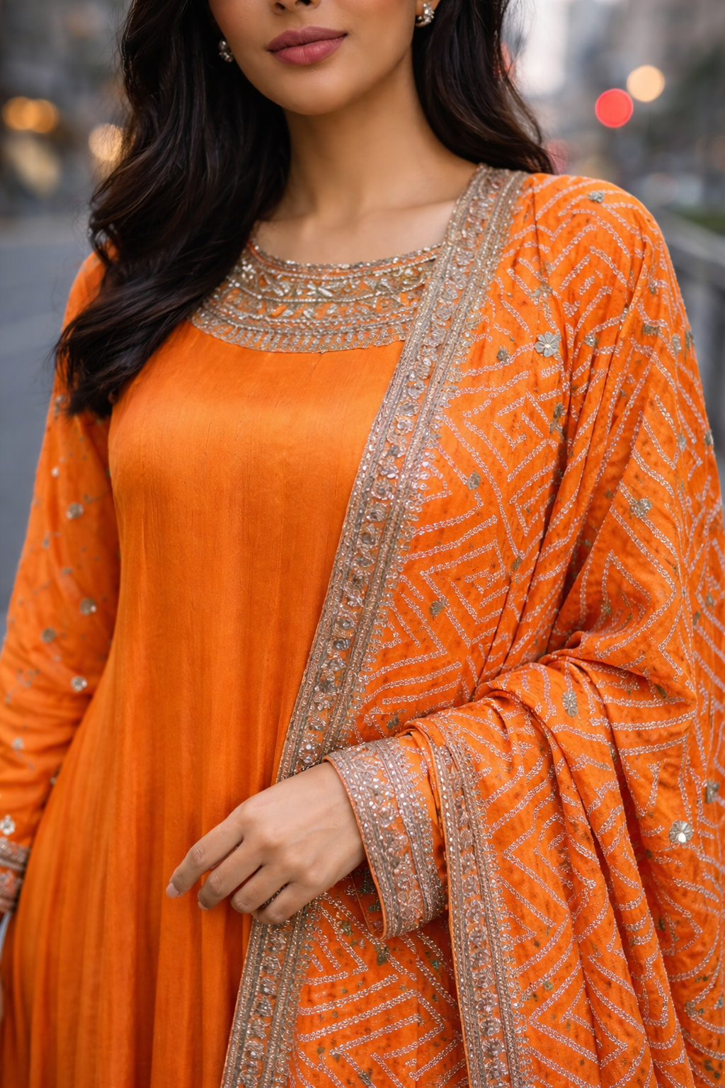 Tangerine Glow Anarkali Suit Set with Printed Bandani Dupatta